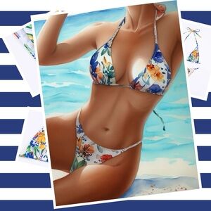 2 pc French Cut Floral Print String Bikini Size Large